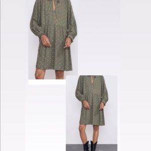 Zara Olive Green Polka-Dot Bubble Tiered Relaxed Fit Dress Size Medium